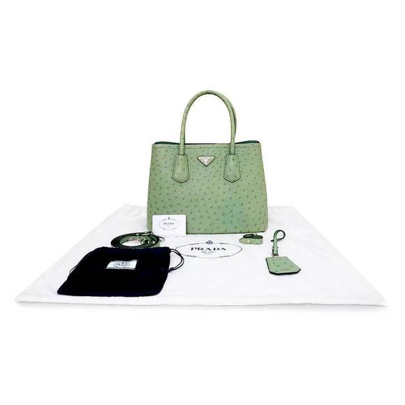 Prada Leather Handbag Acquamarina Green Ostrich Silver Small - Picture 1 of 12